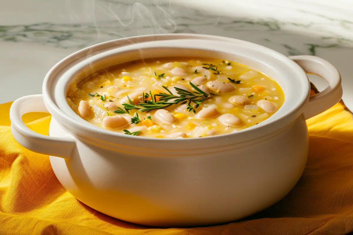 Modern white soup tureen filled with Tuscan White Bean Soup, set on a bright yellow cloth over a white marble countertop