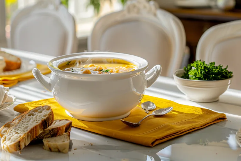 Tuscan White Bean Soup served from a white tureen into a bowl on a yellow cloth, with rustic bread on a family dining table,