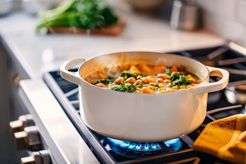 High-side view of a modern white soup tureen simmering Tuscan White Bean Soup on a stovetop, blue flame below, yellow cloth underneath, steam rising in cooking scene
