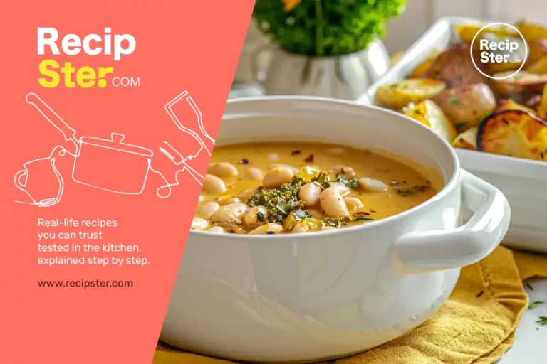 Tuscan white bean soup served in a white ceramic bowl with roasted golden potatoes on the side, warm daylight, cozy homemade dinner scene.
