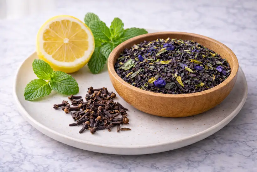 Loose leaf purple tea with lemon, mint, and cloves on a white marble surface