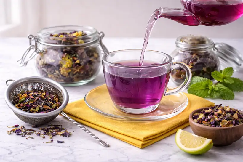 Purple tea being poured into a glass cup and served warm 