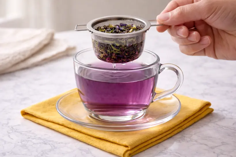 Tea filter being removed from a glass cup of purple tea after brewing