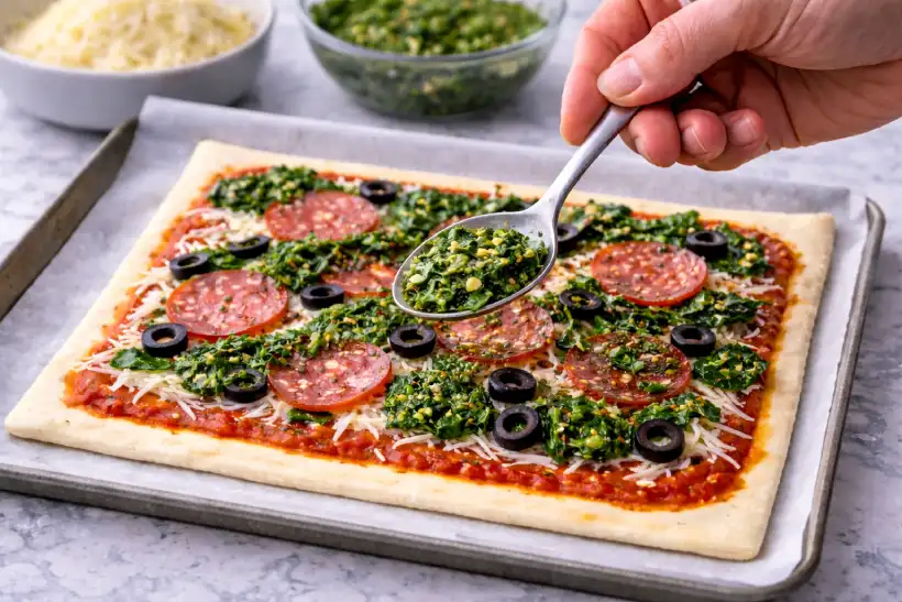 Adding toppings to puff pastry pizza before baking