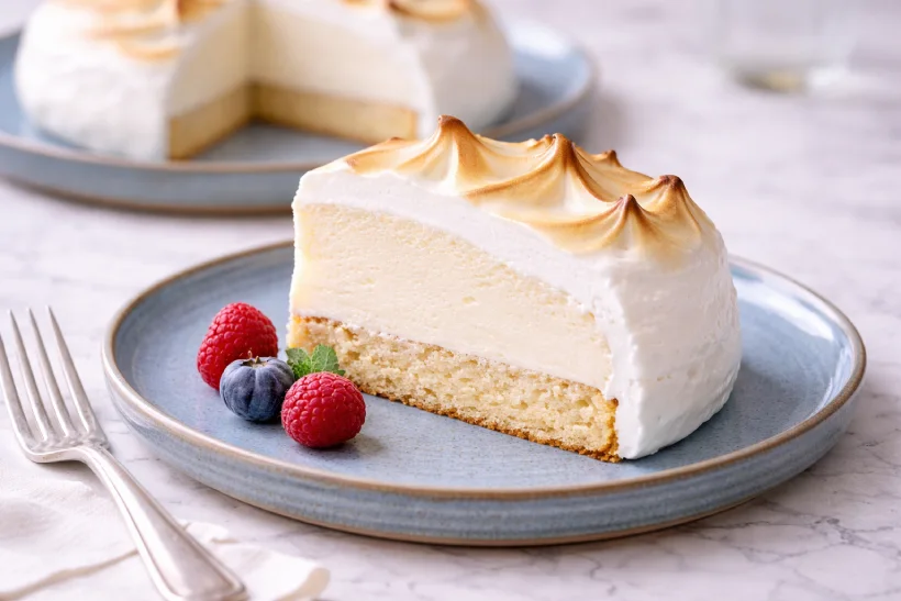 Slice of Baked Alaska cornes de gazelle inspired dessert with toasted meringue and almond base