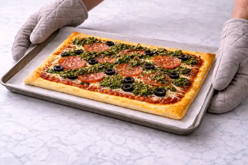 Freshly baked flaky puff crust pizza with golden layered edges