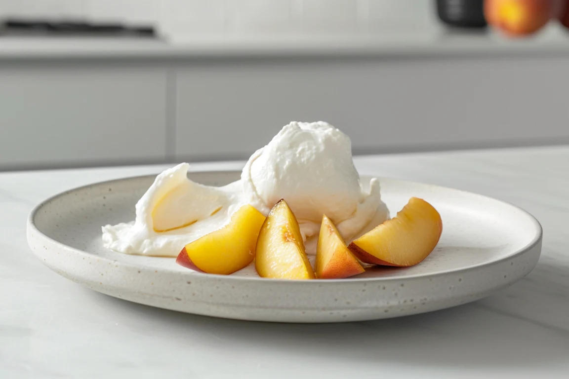 Creamy burrata torn over peach salad on a ceramic plate