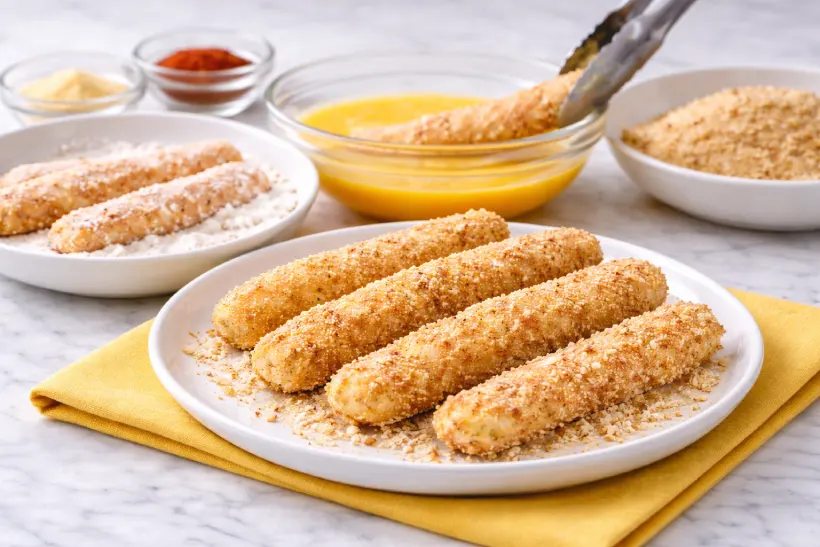 Chicken sticks being breaded with flour, egg, and breadcrumbs