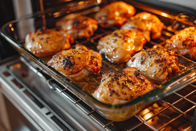 Cinnamon Queen Chicken baking in a glass dish inside the oven, lightly golden with bubbling honey glaze.