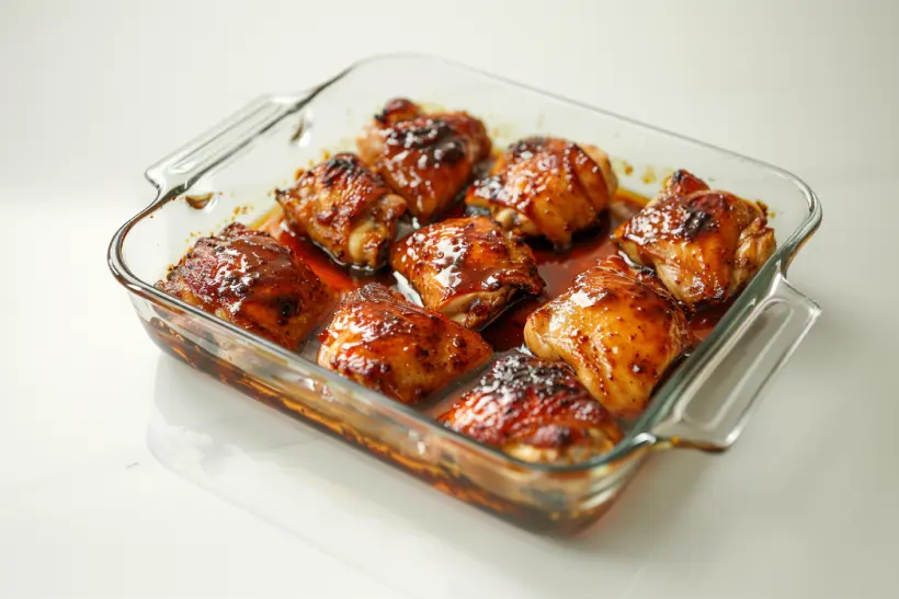 Finished Cinnamon Queen Chicken in a glass baking dish, golden, glossy, and ready to serve.