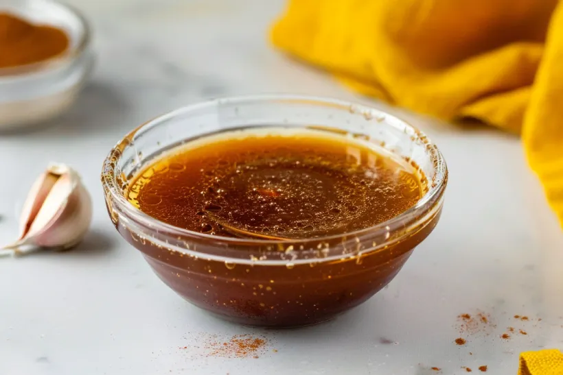 Honey cinnamon glaze for chicken in a glass bowl, smooth, glossy, and warmly colored.