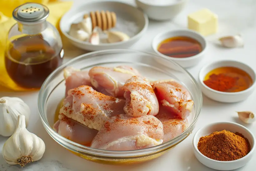 Raw chicken thighs with honey, cinnamon, garlic, butter, and spices prepared for Cinnamon Queen Chicken.