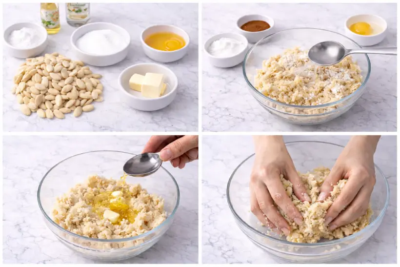 Preparing the almond filling for corne de gazelle using ground almonds, powdered sugar, butter, and orange blossom water
