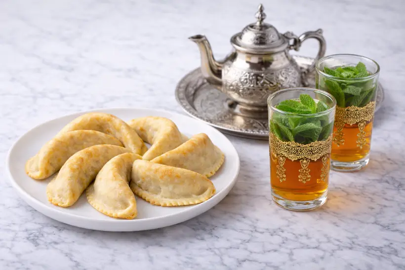 Traditional corne de gazelle served with Moroccan mint tea, highlighting the classic way this almond pastry is enjoyed.