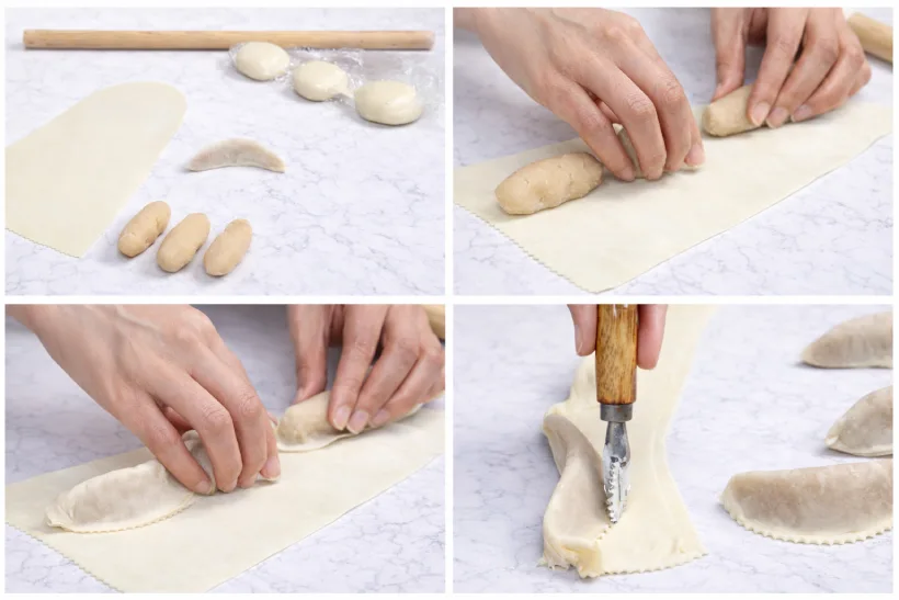 Step-by-step shaping of corne de gazelle, placing almond filling on thin dough and folding into crescents