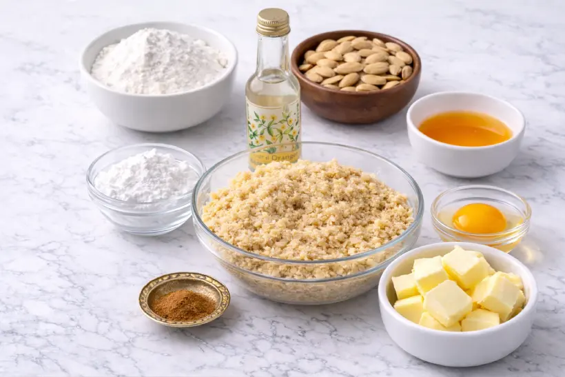 Ingredients for traditional Moroccan corne de gazelle including ground almonds, powdered sugar, flour, butter, oil, and orange blossom water