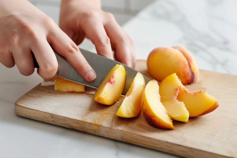 Slicing ripe peaches on a wooden cutting board for burrata salad