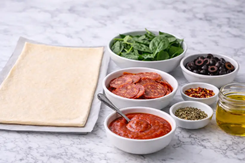 Ingredients for flaky puff crust pizza including puff pastry, sauce, cheese, spinach, olives, and oil