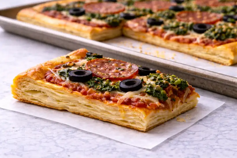 Close-up slice of flaky puff crust pizza showing distinct pastry layers