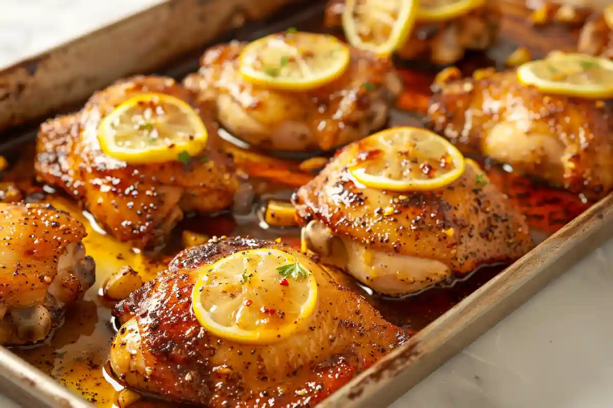 Roasted chicken thighs paired with a creamy garlic sauce for contrast and freshness