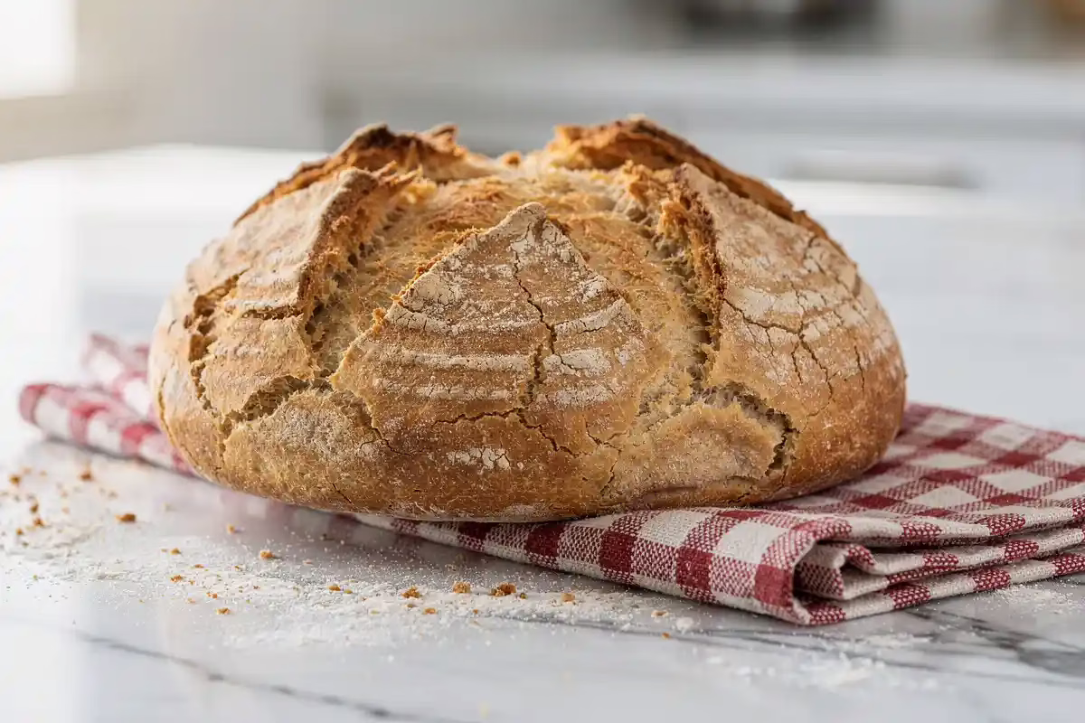 Authentic Irish soda bread recipe loaf with rustic crust and traditional cross on white marble surface