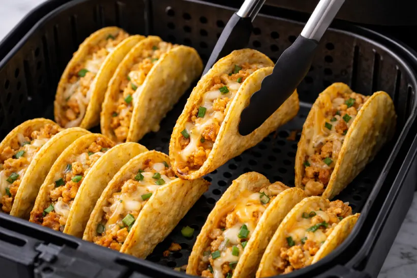 Adding cheese to mini tacos during the final minute in the air fryer