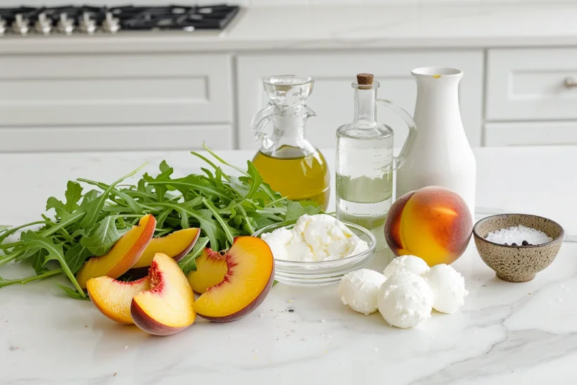 Ingredients for peach burrata salad including peaches, burrata, arugula, olive oil, and vinegar