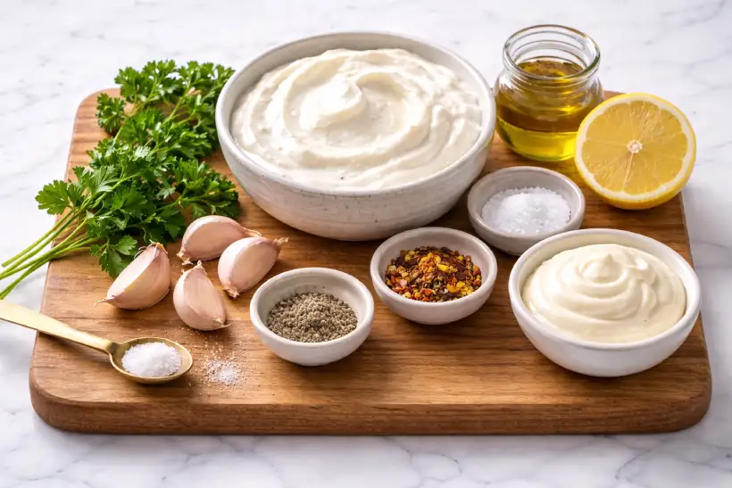 Ingredients used to make a creamy garlic yogurt sauce