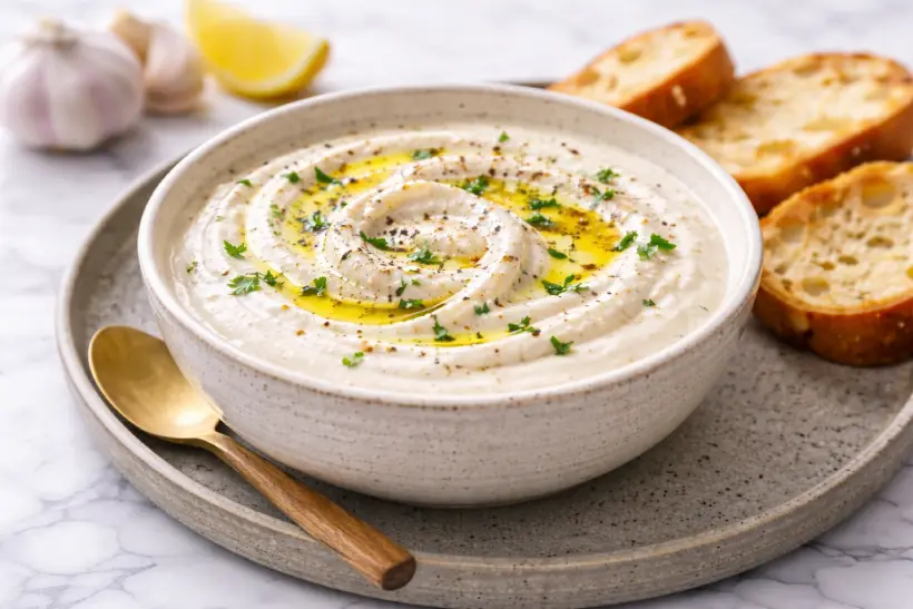 Creamy garlic sauce served simply with toasted bread