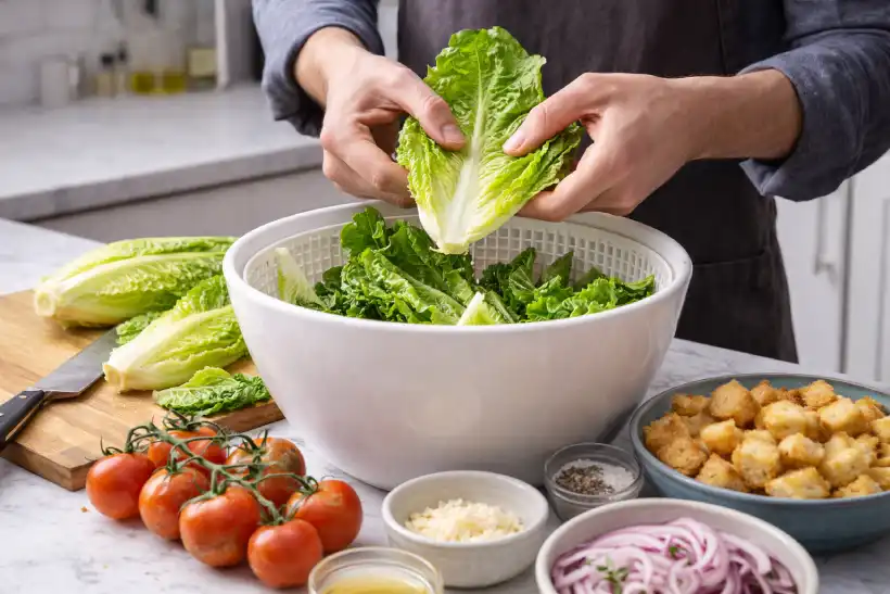 Hands separating and drying romaine lettuce leaves in a large bowl