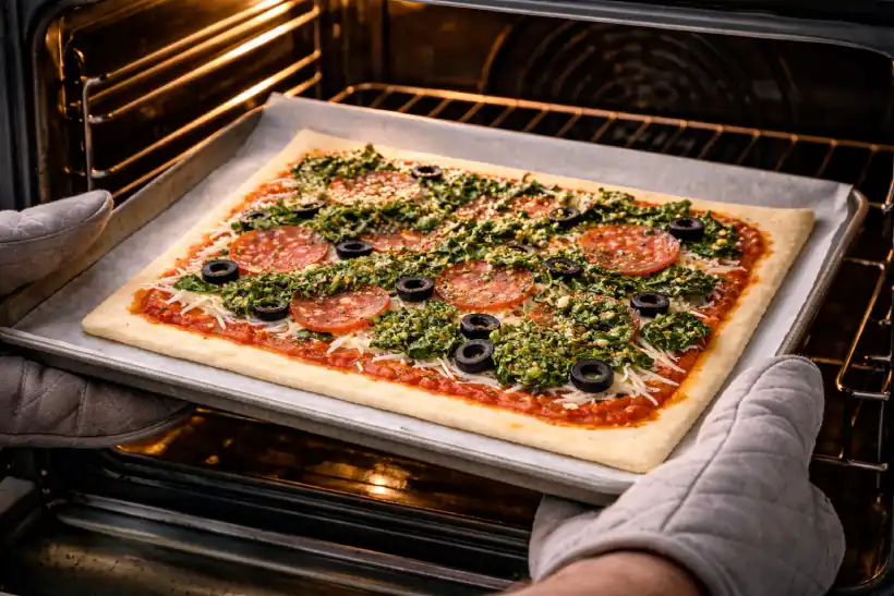 Flaky puff crust pizza placed into hot oven for baking