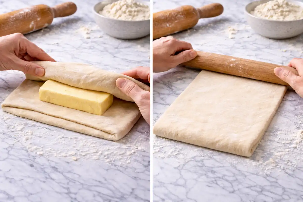 Cold butter placed on dough before puff pastry lamination