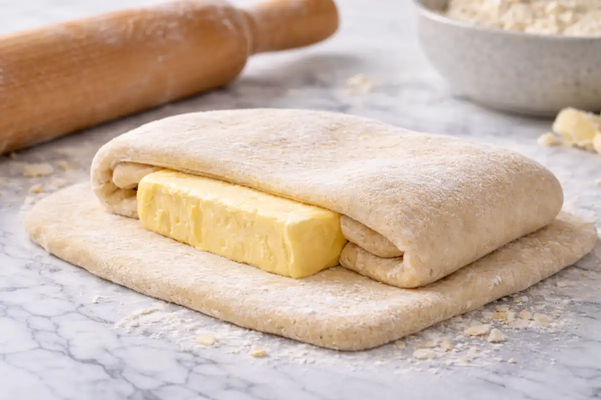 Butter fully enclosed inside puff pastry dough
