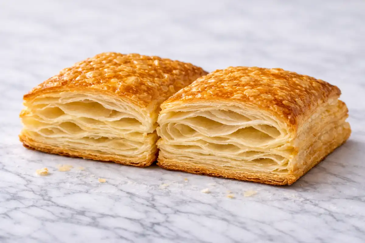Baked puff pastry cut open showing airy, flaky layers