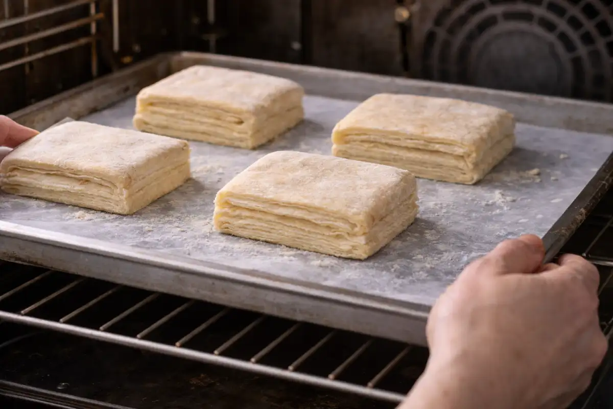Raw puff pastry placed in a hot oven before baking