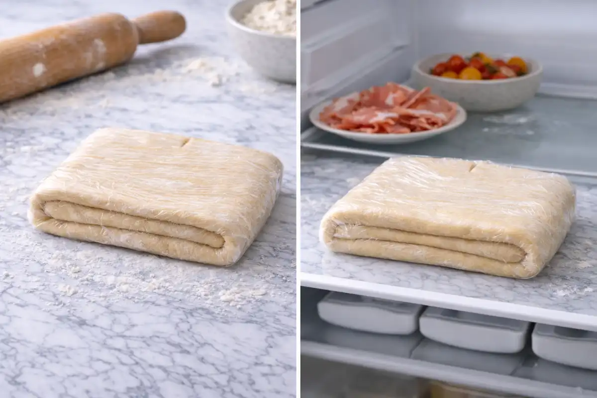 Puff pastry dough resting and chilling between lamination turns