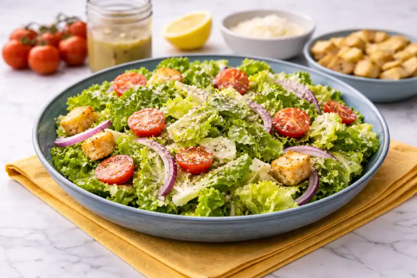 Finished romaine salad recipes with natural ingredients served on a blue plate