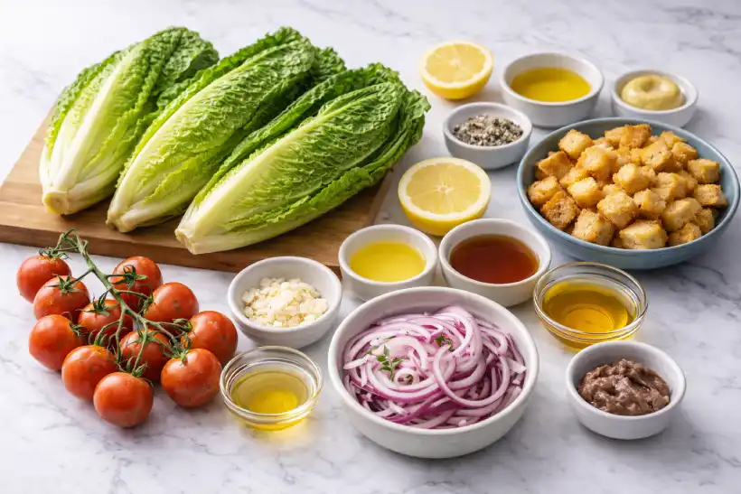 Fresh romaine lettuce and simple salad ingredients arranged on a marble countertop