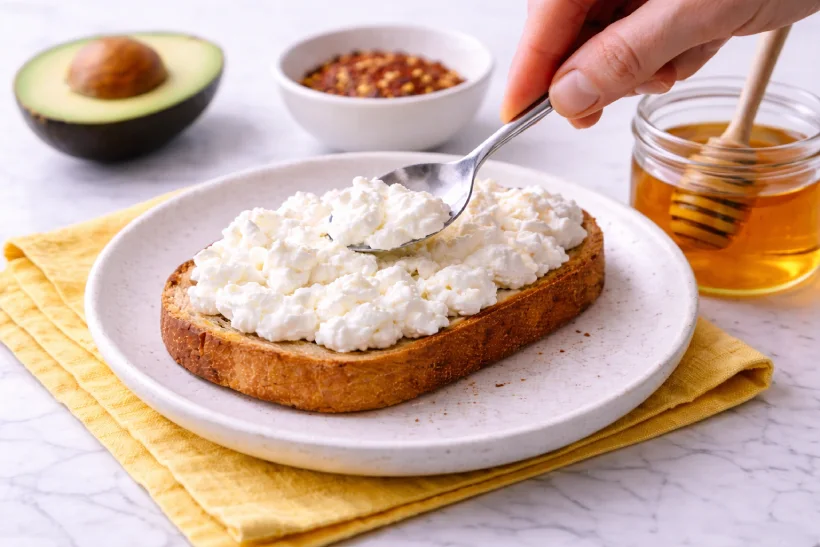 Spreading cottage cheese on warm toasted bread for hot honey cottage cheese toast
