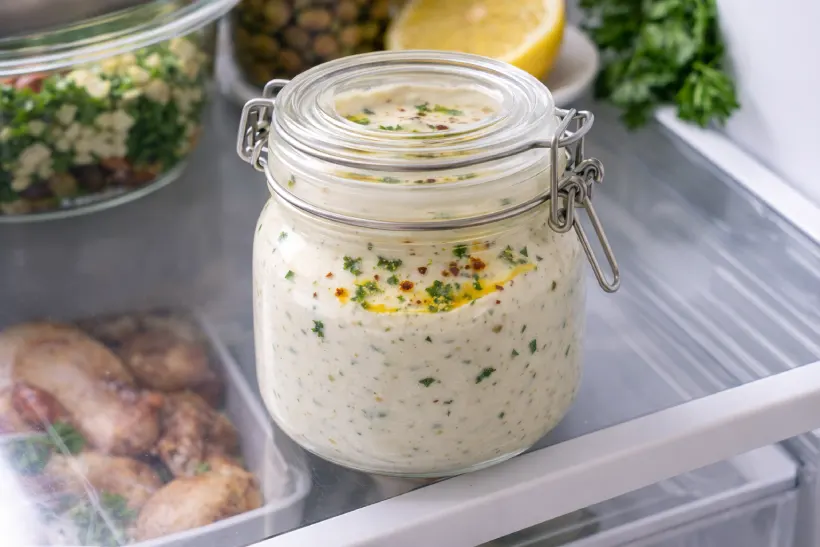 Pharaoh sauce stored in a sealed glass jar in the refrigerator
