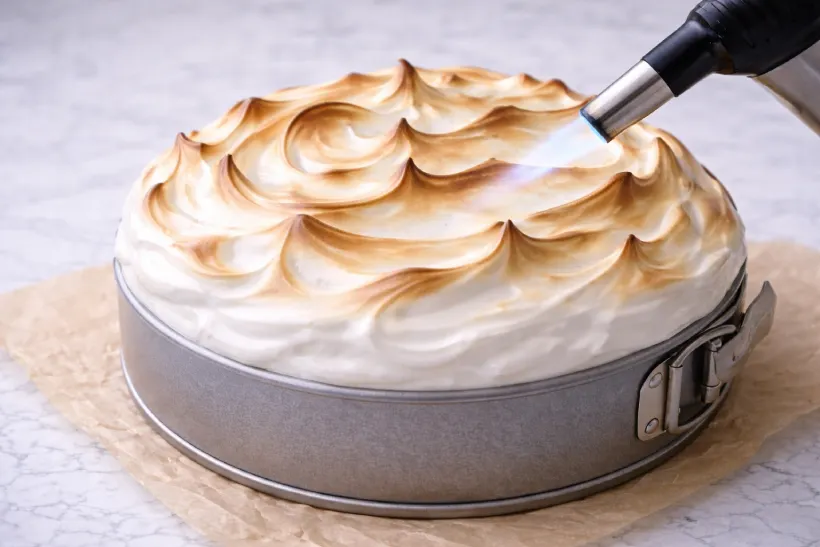 Torching the meringue on Baked Alaska cornes de gazelle inspired dessert