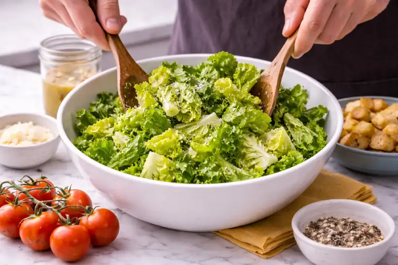 Romaine salad being gently tossed with dressing in a large bowl