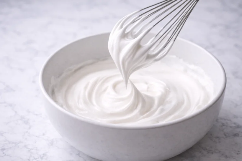 Baked Alaska glossy whipped meringue ready to cover the dessert