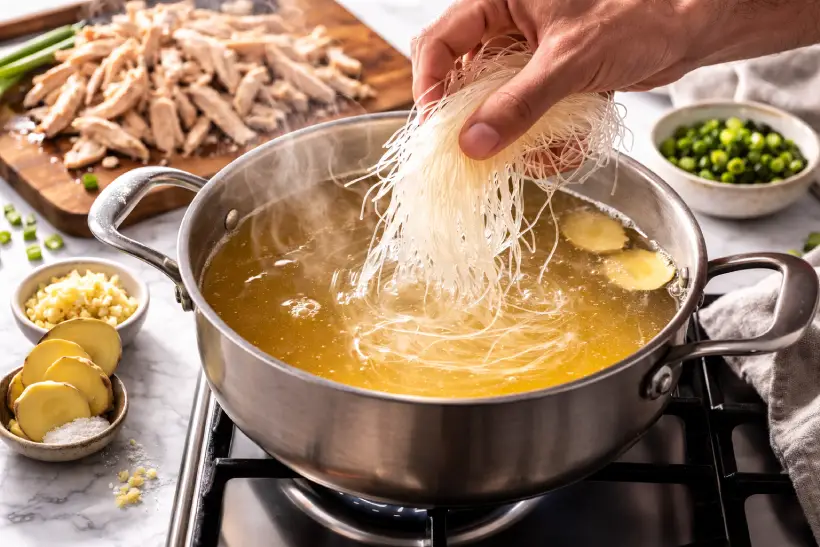 adding glass noodles to simmering broth for chicken long rice recipe