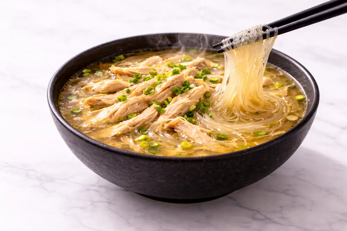 ingredients for chicken long rice recipe including chicken thighs, glass noodles, ginger, garlic and broth