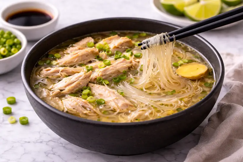 traditional chicken long rice recipe served in black bowl with clear broth
