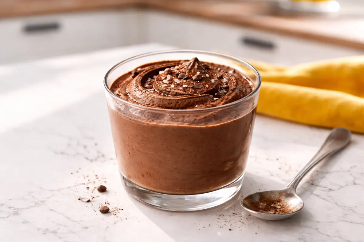 Cottage cheese chocolate mousse served cold in a glass with smooth, thick texture and cocoa topping