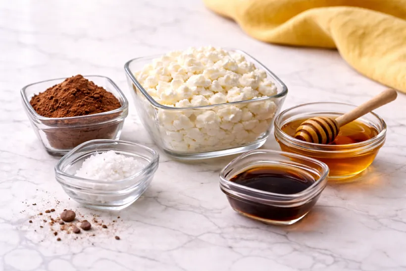 Ingredients for cottage cheese chocolate mousse including cottage cheese, cocoa powder, honey, vanilla, and salt