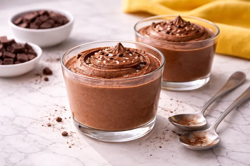 Cottage cheese chocolate mousse served in glass jars with cocoa topping, ready to eat