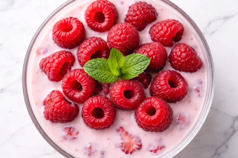 top view of high protein bariatric gelatin recipe with fresh raspberries and mint in a glass bowl